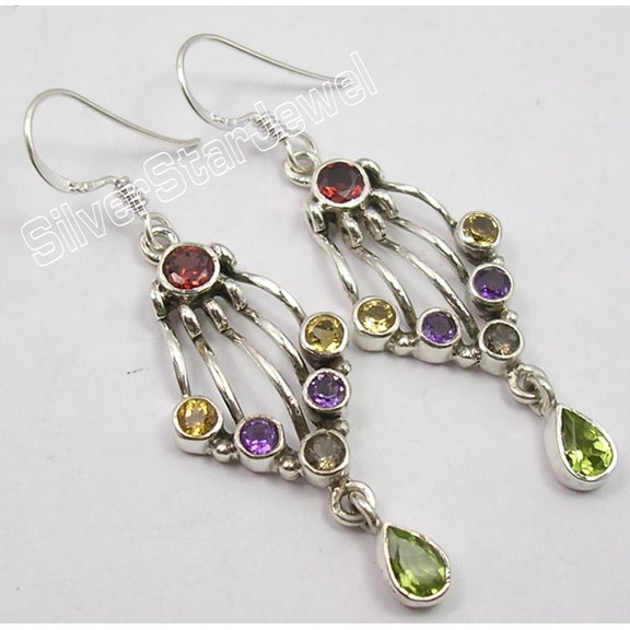 SilverStarJewel Multi Color Jewelry !! 925 Sterling Silver Multistone Women's Earrings 2 Inch