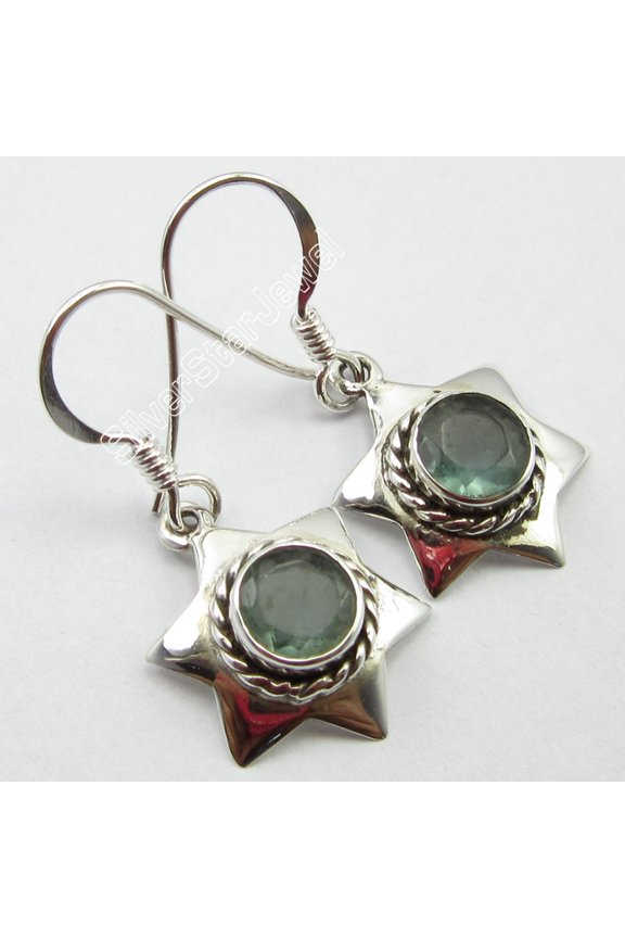 Solid Silver 925 Jewelry, Original Round Apatite Handmade Star Earrings 1.2"