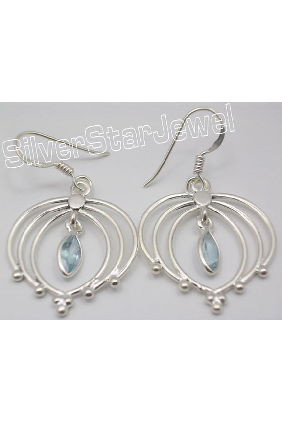 Sterling Silver Blue Topaz Earrings 1.6" Collectible Gemstone Jewelry