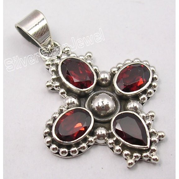 SilverStarJewel Sterling Silver Garnet Pendant 1.4" Women Gift For Mom Jewelry