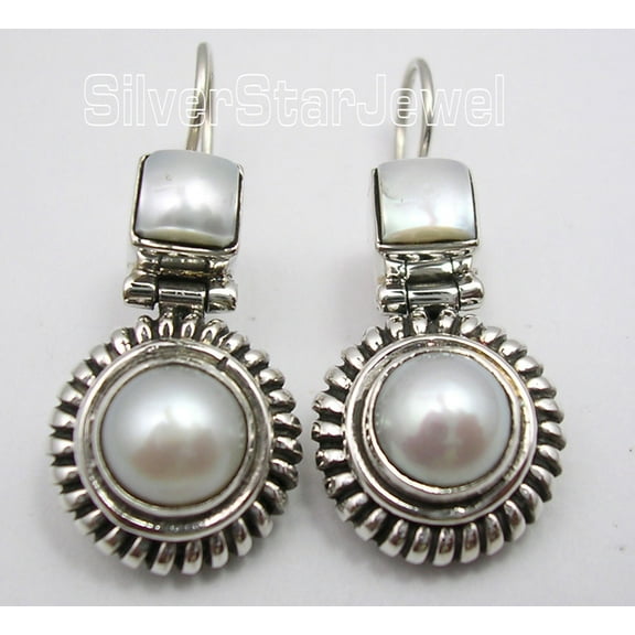 SilverStarJewel Sterling Silver Pearl Earrings 1.2" Gemstone Jewelry