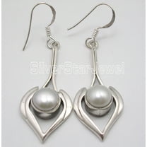 SilverStarJewel Sterling Silver Pearl Earrings 2" Ladies Handcrafted Jewelry
