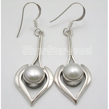 SilverStarJewel Sterling Silver Pearl Earrings 2" Ladies Handcrafted Jewelry
