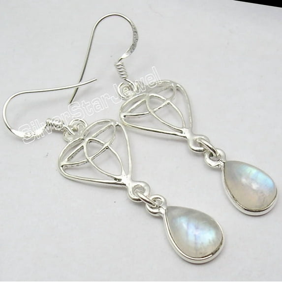 SilverStarJewel Sterling Silver Rainbow Moonstone Earrings 1.9" Hot Selling Handmade Jewelry