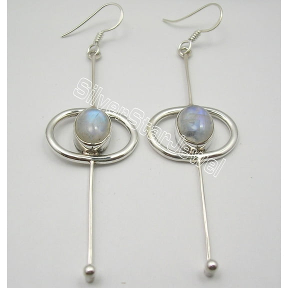 SilverStarJewel Sterling Silver Rainbow Moonstone Earrings 2.9" Gems Jewelry