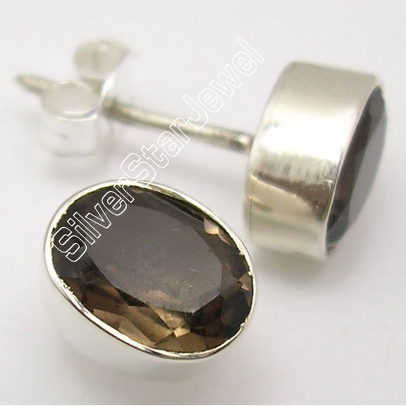 SilverStarJewel Unisex Jewelry For Just , 925 Silver Smoky Quartz Studs Earrings 0.4"