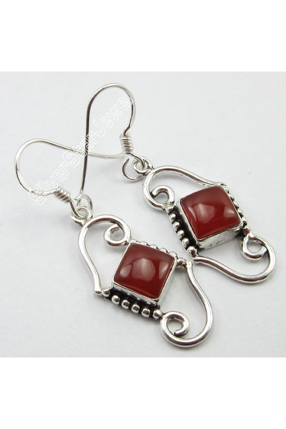 Vintage Theme Earrings, 925 Sterling Silver Cabochon Carnelian Jewelry 1.7"