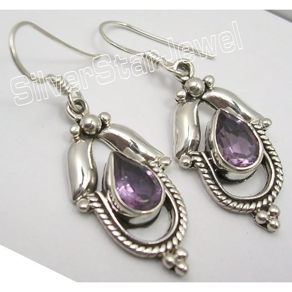 SilverStarJewel Well Made Gift !! 925 Sterling Silver Drop Cut Amethyst Handwork Earrings 1.6"
