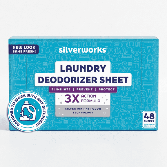 SilverWorks! Deodorizer Laundry Odor Eliminator For Clothes - Natural Silver Ion Infused Washer Sheets - Laundry Deodorizer Odor Eliminator - Lasting Laundry Odor Remover Dryer Deodorizer 24 Loads