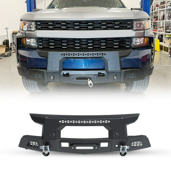 Silverado Front Bumper Assembly(Mid-Body Front Bumper+Bull Bar)For 2019-2021 Chevy Silverado 1500(EXCLUDE 2019 LD MODEL) Included Skid Plat+Decorative Frames + 2*D Ring Shackles