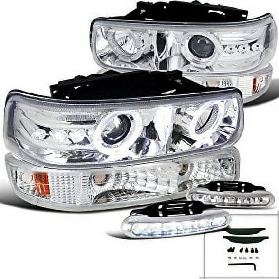 Silverado Halo Clear Projector Headlights+Bumper Lamps+LED DRL Fog Strips