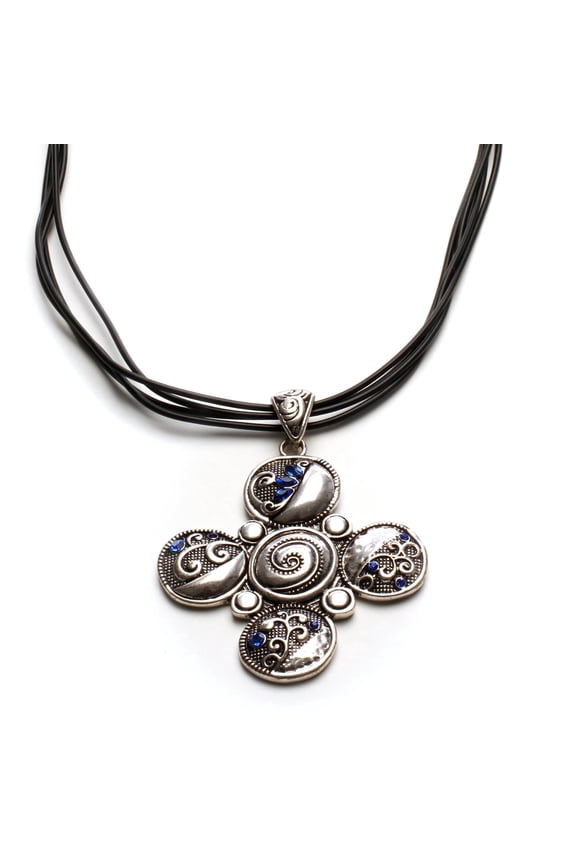 Elegant Blue Crystal Multi-Circle Pendant Necklace with Black Cord, 18-20 inch Adjustable Length Jewelry Necklace Silver