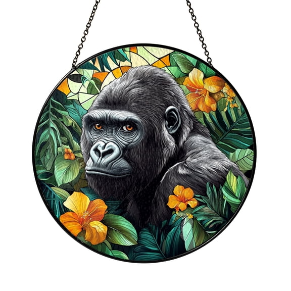 Silverback Gorilla Stained Glass Style Ornament Window Hanging, Wildlife Animal Art Panel, Decorative Glass Accent Gift