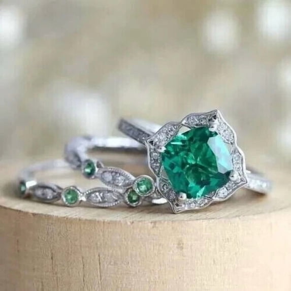 Silverdia Cushion Cut Lab Created Emerald His & Her Trio Ring Set 14K White Gold Finish
