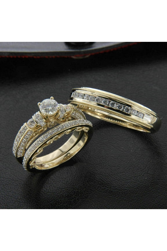 Round Cut Cubic Zirconia His & Hers Wedding Trio Ring Set 14K Yellow Gold Finish