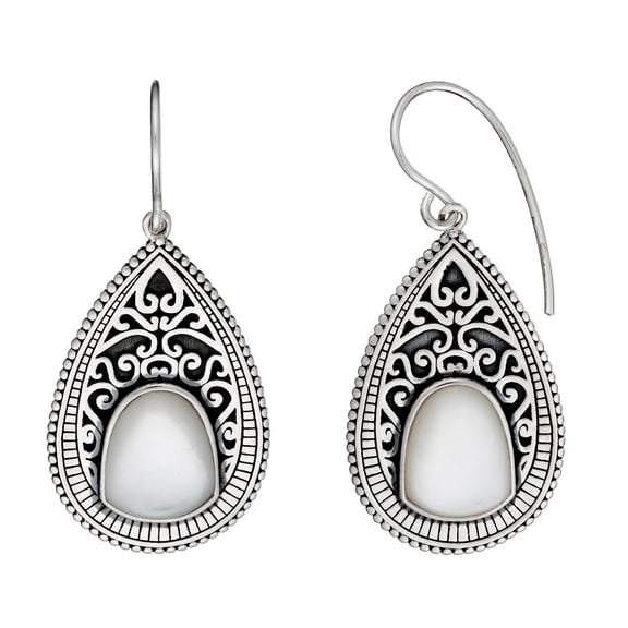 Silverly 925 Sterling Silver Mother of Pearl White Shell Oxidized Filigree Teardrop Dangle Earrings
