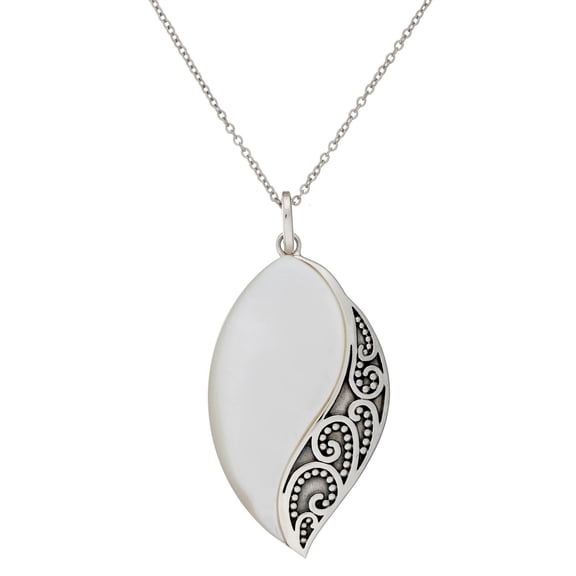 Silverly 925 Sterling Silver White Mother of Pearl Shell Oxidized Marquise Pendant Necklace, 46 cm