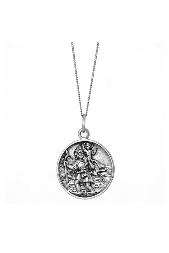Men's Women's 925 Sterling Silver Coin St. Saint Christopher Pendant Necklace, 18"
