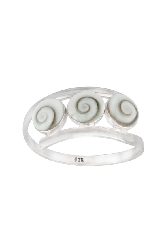 Women's 925 Sterling Silver 3 Triple White Shiva Eye Shell Spiral Twist Overlapping Ring