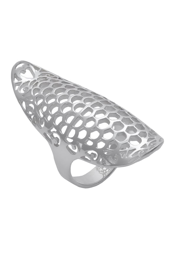 Women's 925 Sterling Silver 42 mm Open Filigree Honeycomb Pattern Long Curved Ring