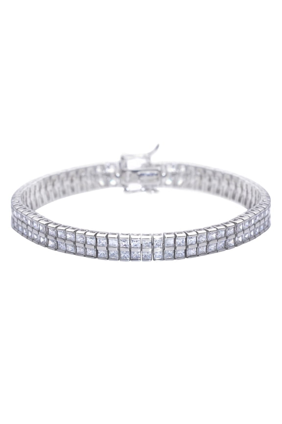 Women's 925 Sterling Silver Cubic Zirconia Square Double Bezel Tennis Bracelet, 18 cm