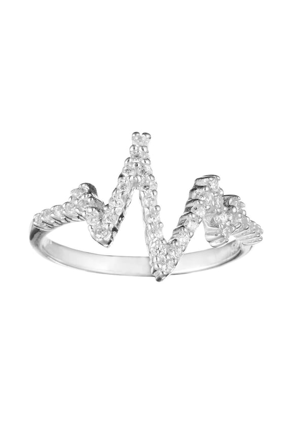Women's 925 Sterling Silver Cubic Zirconia Wave Zig Zag Heart Beat Ring