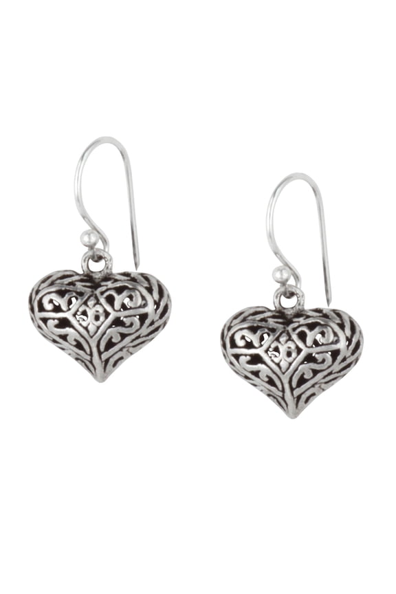 Women's 925 Sterling Silver Filigree Hollow Puff Love Heart Small Dangle Earrings