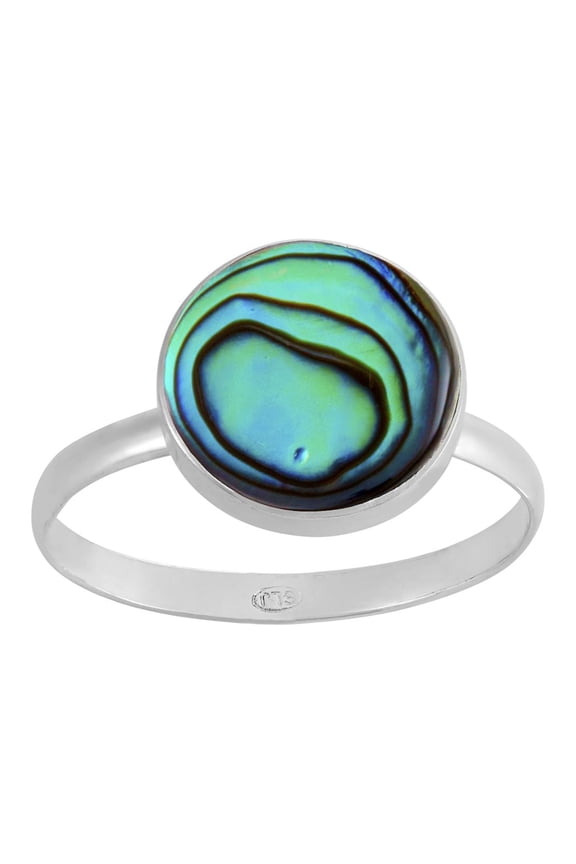 Women's 925 Sterling Silver Round Circle Abalone Shell Blue Green Ring