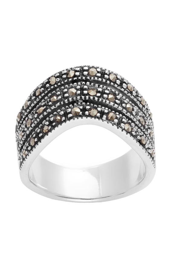 Women's 925 Sterling Silver Simulated Marcasite Stones Curved Triple Chevron Triple Band Ring