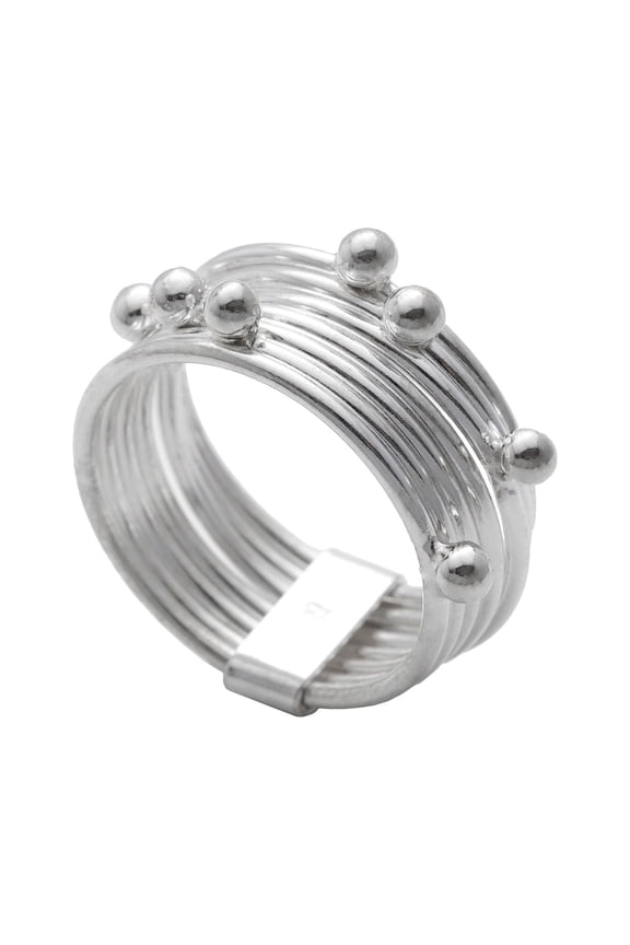 Women's 925 Sterling Silver Spinning Stackable 7 Interlinked Joined Layers Ball Bead Ring