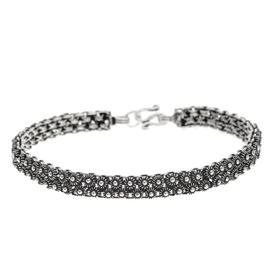 Silverly Women's 925 Sterling Silver Vintage Art Deco Style Oxidised Flower Chain Bracelet, 19 cm