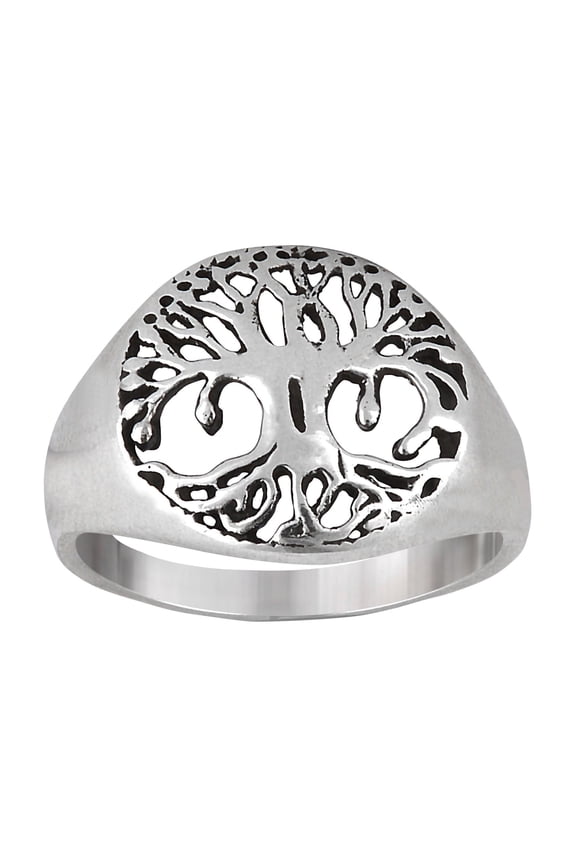Women's Men's 925 Sterling Silver Filigree Tree of Life Round Signet Style Band Ring