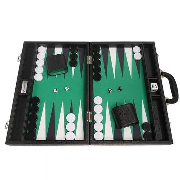 Silverman 16-Inch Black Board Green Playing Surface Backgammon Set with White and Black Points - Medium
