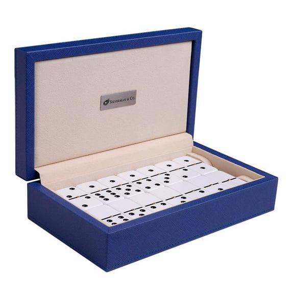 Silverman & Co. Double 6 Large White Domino Set - Blue Case