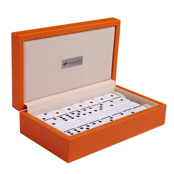 Silverman & Co. Double 6 Large White Domino Set - Orange Case
