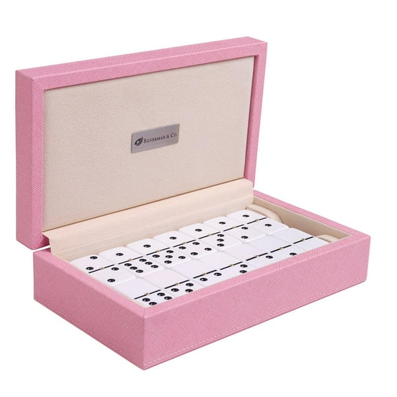 Silverman & Co. Double 6 Large White Domino Set - Pink Case