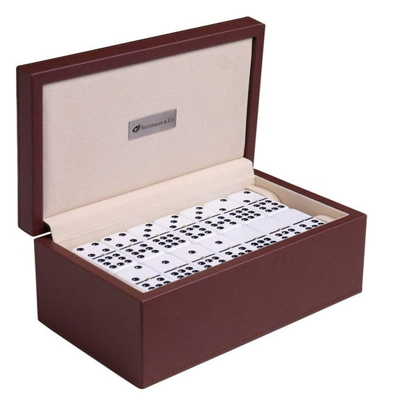Silverman & Co. Double 9 Large White Domino Set - Brown Case
