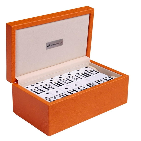 Silverman & Co. Double 9 Large White Domino Set - Orange Case