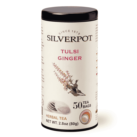 Silverpot Tulsi Ginger Tea - 50 Round Tea Bags | 100% Natural, Spicy & Antioxidant Rich Holy Basil | Caffeine Free