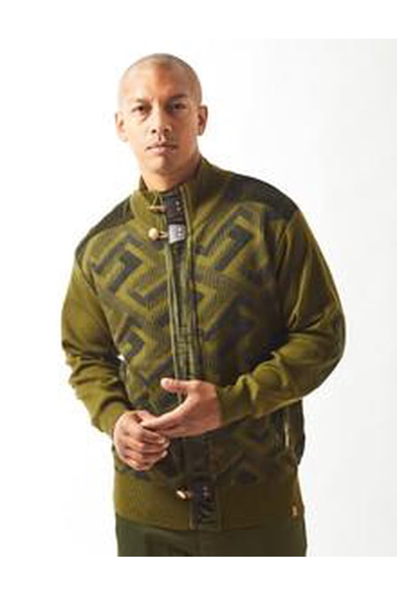 Mens Olive Zipper Front Sweater Geo Pattern 61006