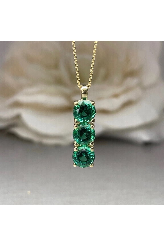 1.23Ct Round Cut Green Cubic Zirconia Three Stone Pendant 14K Yellow Gold Finish