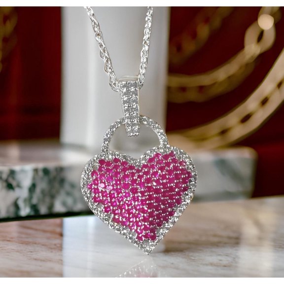 Silverstar Gems 14K White Gold Finish Silver Round Cut Pink Cubic Zirconia Heart Shape Pendant Necklace