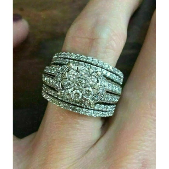 Silverstar Gems Big Cluster 4 TCW Cut White Cubic Zirconia His & Women Wedding Bridal Gorgeous Trio Ring Set 14k White Gold Plated