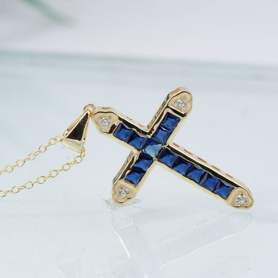 Silverstar Gems Blue Cubic Zirconia Cross Unisex Necklace , 2.50CT Handmade Pendant 14K Yellow Gold Finish Wedding Women's Jewelry Free 18" Chain