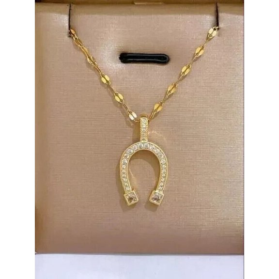 Silverstar Gems Horseshoe Pendant W/Chain Round Cut Cubic Zirconia 14K Yellow Gold Finish