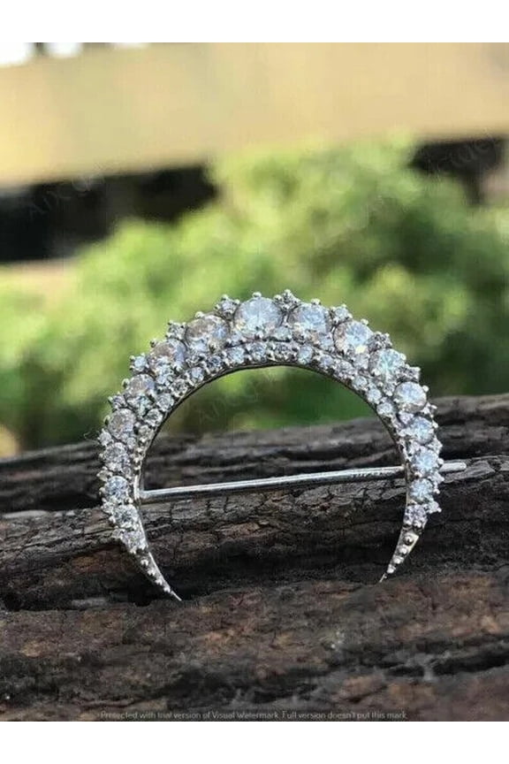 'Moon' Brooch Pin 14K White Gold Plated Silver 3CT Round Cut Cubic Zirconia