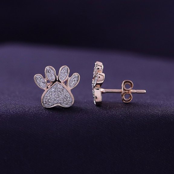 Silverstar Gems Women's Round Cut Cubic Zirconia 14K Rose Gold Finish Silver Paw Print Earrings