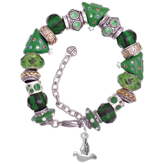Silvertone 2-D Small Dove Green Christmas Bead Bracelet