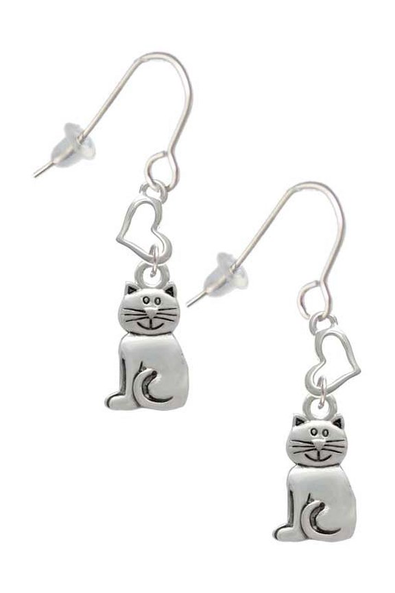 Silvertone 2-D Smiling Cat Heart French Earrings