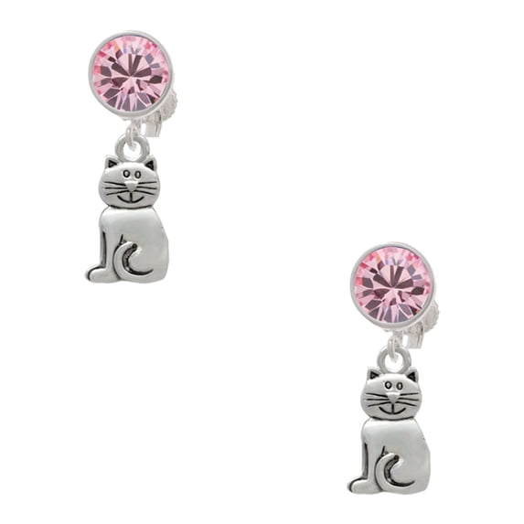 Delight Jewelry Silvertone 2-D Smiling Cat Pink Crystal Clip on Earrings